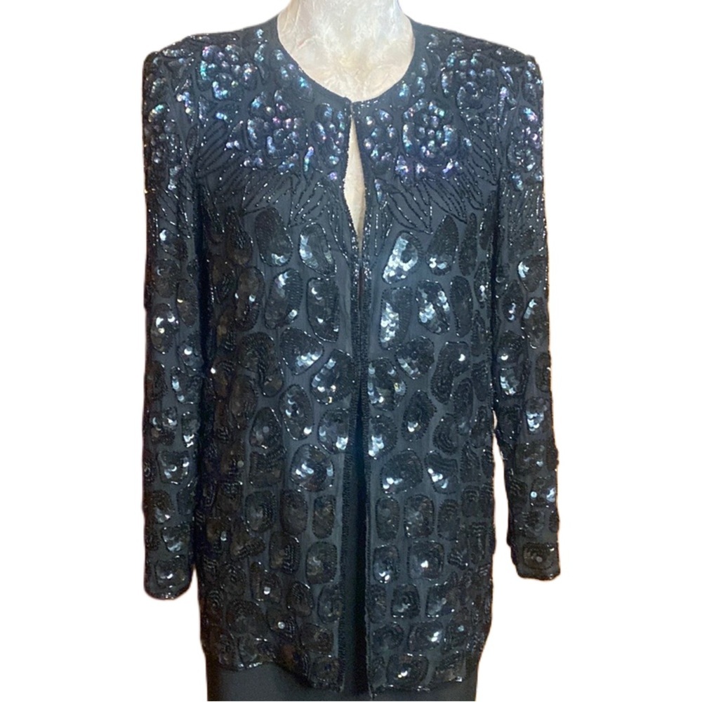 VNTG 60s Mark & John by Gopal Black n opalescent Sequin Beaded Silk Jacket Sz L
